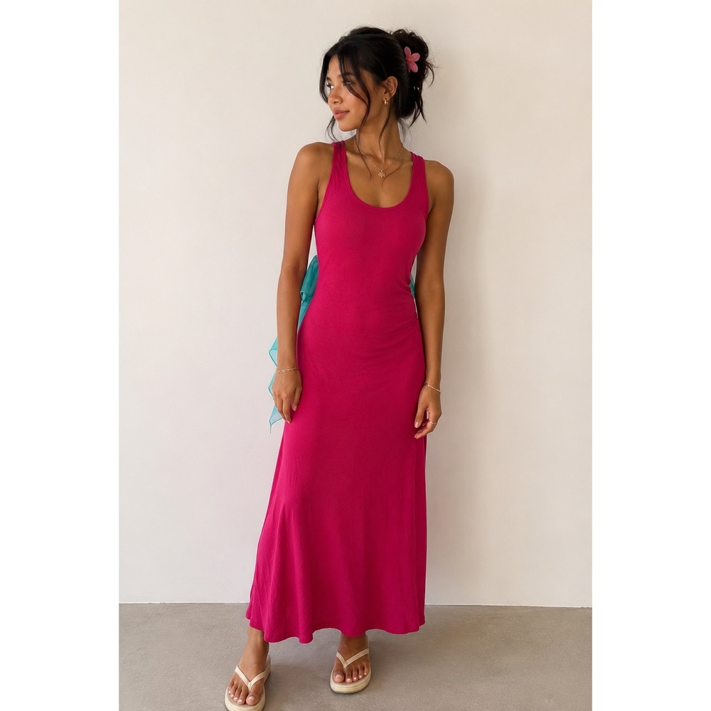 Hot Pink Maxi Dress Turquoise Sheer Back Bow Scoop Neck Sleeveless Jersey Y2K
